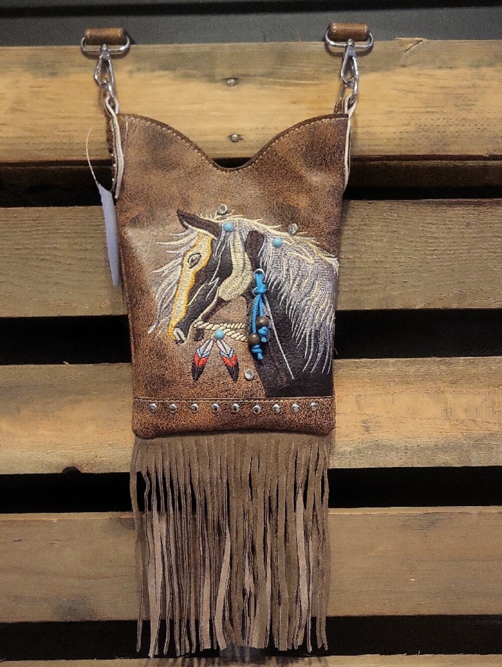 Fringed Brown Horse Embroidered Crossbody Bag with Turquoise Accents - Picture 2 of 15